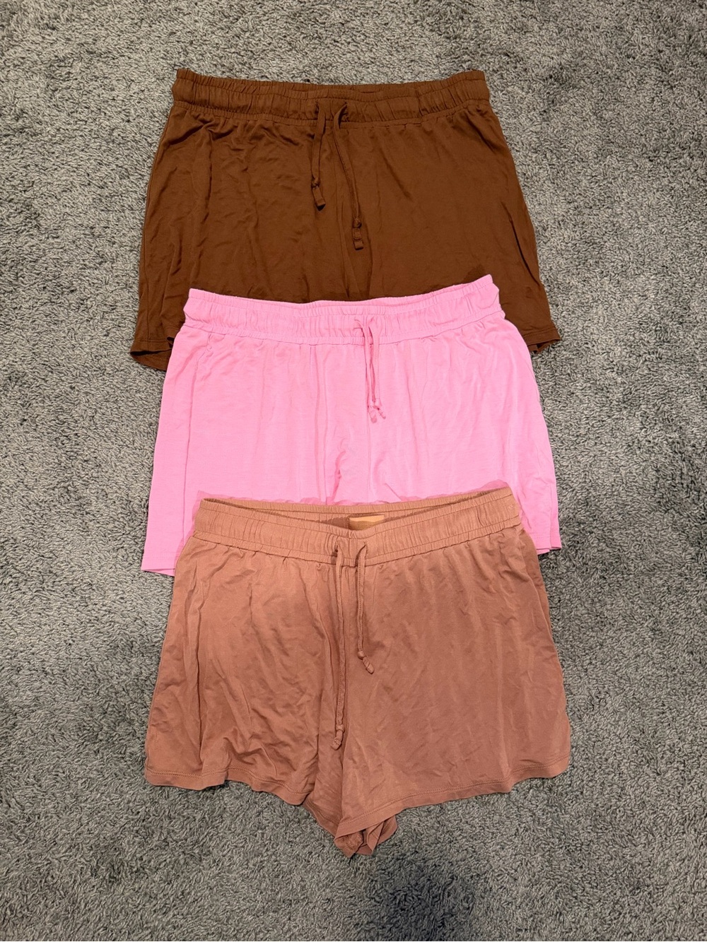 NUUDS lounge shorts. Set of 3. Brown, pink, and tan. All size M